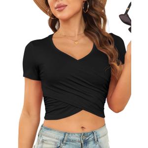 Women's Short Sleeve Crop Top Deep V Neck Stretchy Slim Fits Cross Wrap Tops Tee (Black, XL)