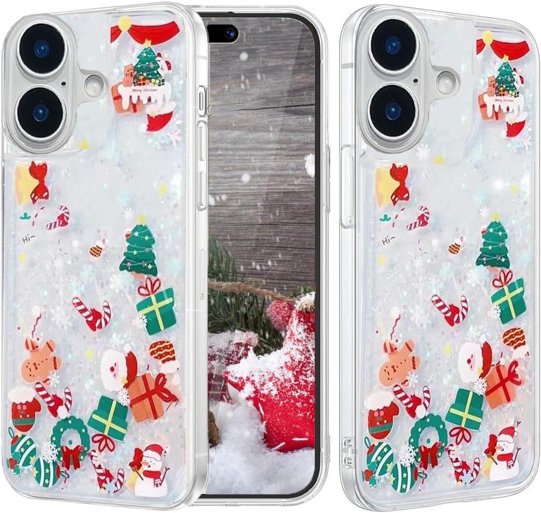 Glitter Christmas Case for iPhone 16 Plus,Cute Merry Christmas Liquid Flowing Moving Xmas Santa Tree Snowman Bling Sparkle Clear Shockproof Women Girl Phone Case for iPhone 16 Plus 6.7",Clear
