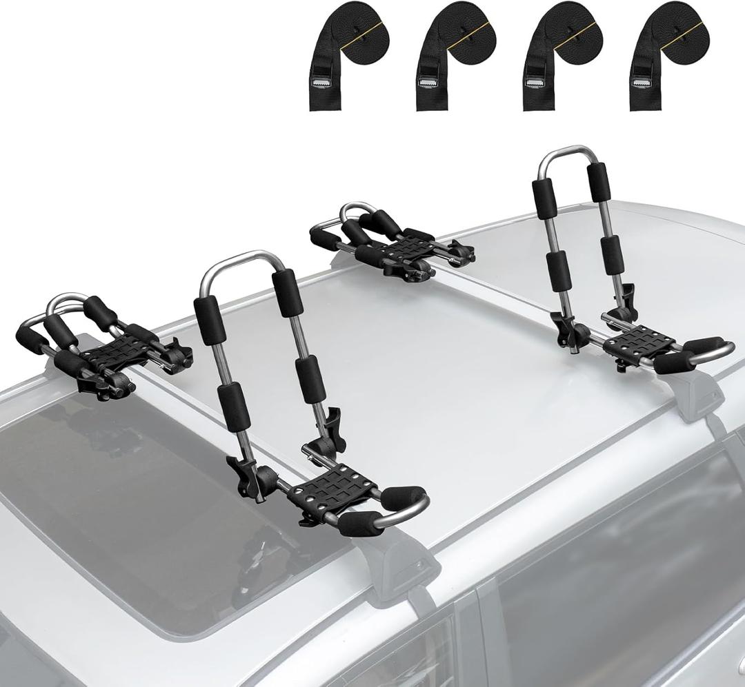 Leader Accessories Stainless Steel Folding Kayak Rack 4 PCS/Set J Bar Car Roof Rack for Canoe Surf Board SUP On Roof Top Mount on SUV, Car and Truck Crossbar with 4 pcs Tie Down Straps
