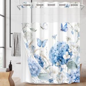 No Hook Blue Flower Hydrangea Shower Curtain with Snap in Fabric Liner Set, White Floral Butterfly Double Layers Waterproof Fabric with See Through Window Bath Curtain 71x74 Inch