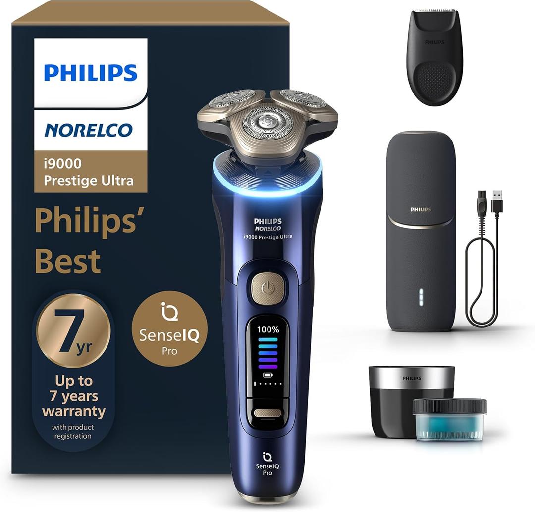 Philips Norelco Shaver i9000 Prestige Ultra, Wet & Dry Electric Shaver, Adriatic, SenseIQ Pro Technology, Triple Lift & Cut System, 360 Rotating NanoTech Precision Blades, Precision Trimmer, XP9401/92 (i9000Prestige + UV Charge Case, QCP & Trimmer, Black)