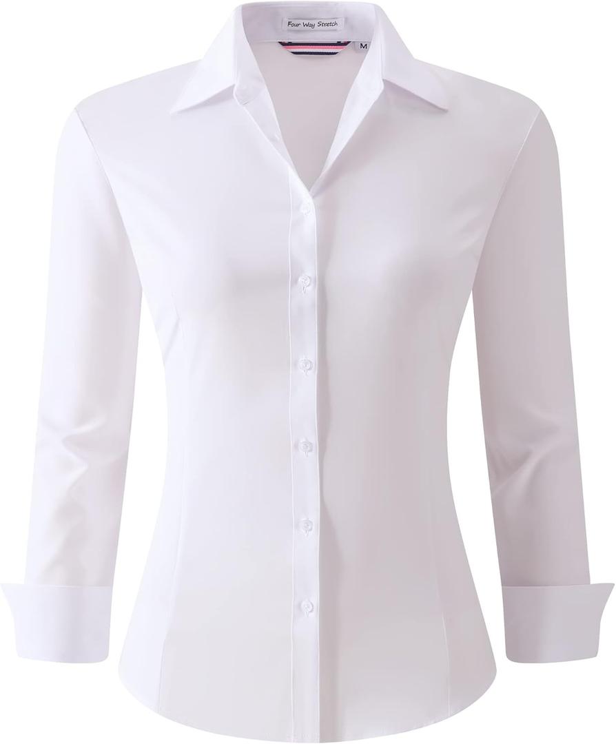 Esabel.C Womens Button Down Shirts Long Sleeve Regular Fit Stretch Work Blouse (Medium, White#)