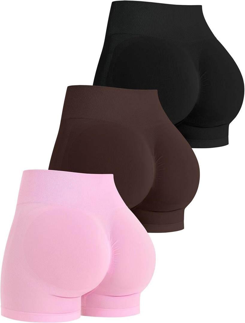 OLCHEE Womens Workout Shorts Seamless Scrunch Butt Lifting 3 Pack Yoga Gym Athletic High Waisted Tummy Control Booty 4.1" (Small, Style2: Black Brown Light Pink)