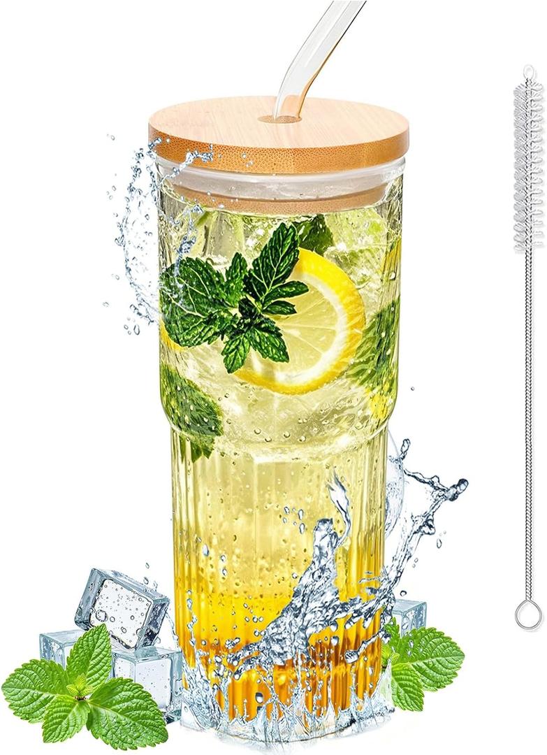 32oz Ribbed Glassware Large Cup, Glass Cups With Lids And Straws, Iced Coffee Cups With Lids, Glasses Drinking Set, Cute Cups, Boba Cup, With Straw Brush, Ideal Gift