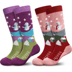Hylaea Merino Wool Ski Socks Kids, Knee-high Warm Thermal Snowboard Skating Socks for Boys Girls Toddler (X-Small, Pink Red Gray Blue (2 Pairs))