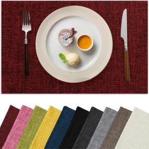 Christmas Placemats Set of 6, Bilayer Thickened Linen Place Mats Heat Resistant Machine Washable Wrinkle Free Carefully Selected Polyester Mats for Kitchen/Dining/Coffee Table (Deep Red)
