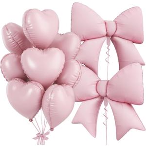 Pink Heart Balloons, Pink Bow Balloons, 10Pcs 18 Inch Heart Shaped Balloon and 38 Inch Helium Bow Foil Balloon for Girls Women Valentine's Day Baby Shower Bridal Shower Engagement Birthday Party Decor