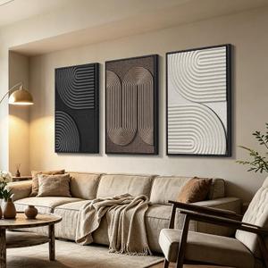 Azartslr Large 3D Abstract Solid Wood Framed Textured Wall Art, Modern Black White Sandstone Wall Decor For Living Room, Brown Minimalism 3piece Home Bedroom Art Painting, Geometric Artwork Dining Room Pictures Decoration, 24''W x 36''H x 3