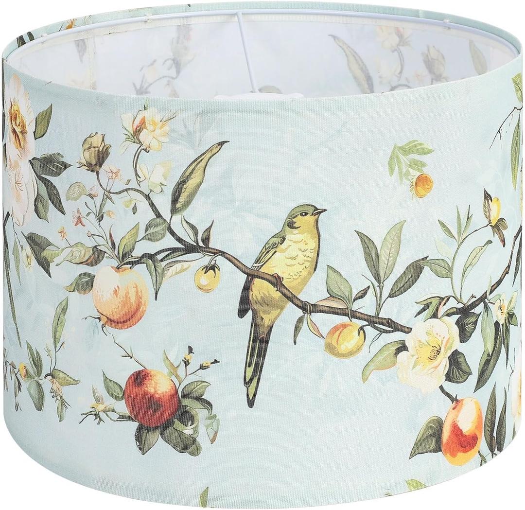 Drum lamp shades, 13x13x10in Fabric Lamp Shade, Printed Floral and Bird Print Lamp shades, 1 Pack Lamp Shades for Table Lamps, Support Spider and E26/E27 Base