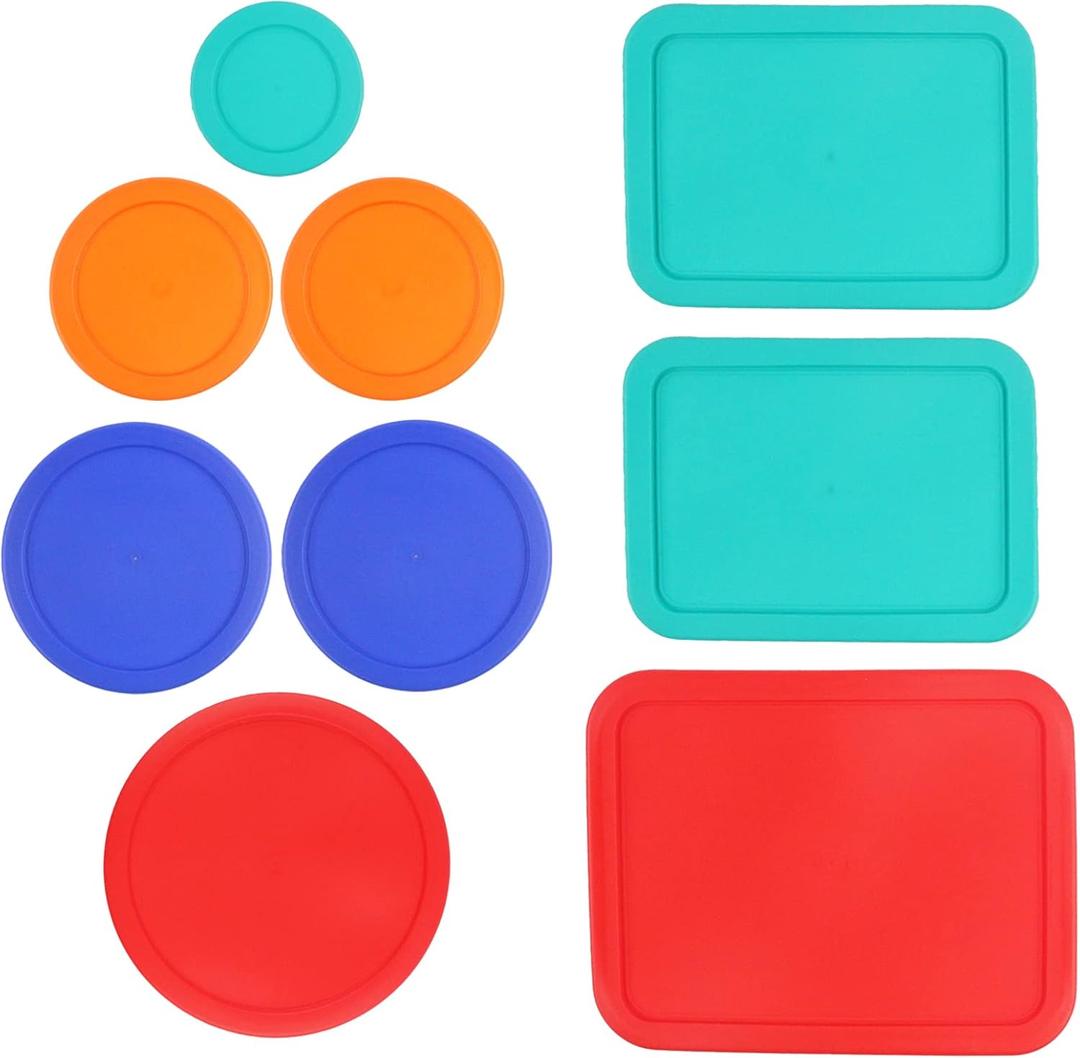 Replacement Lids for Pyrex (1) 7202-PC 1 Cup Green (2) 7200-PC 2 Cup Orange (2) 7201-PC 4 Cup Blue (1) 7402-PC 6/7 Cup Red (2) 7210-PC 3 Cup Light Green (1) 7211-PC 6 Cup Red Round Rectangle (Bundle 2)