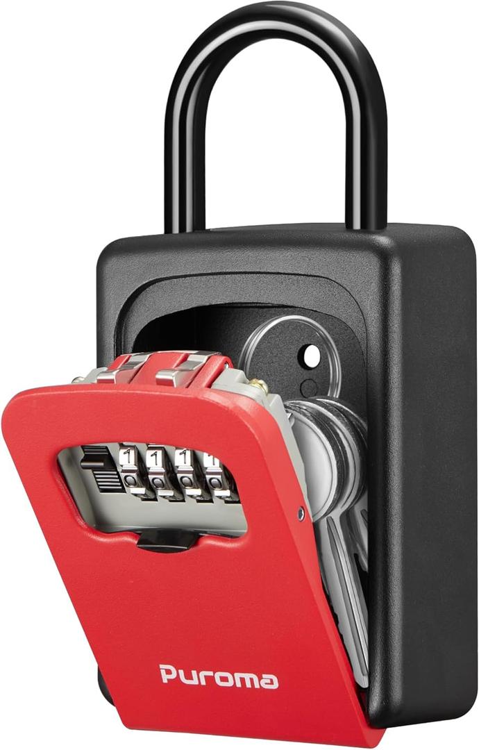 Puroma Lock Box, Large Key Lock Box Resettable Combination Code Lockbox, Portable Wall Mount Lockbox Security Safe Box for Outside Outdoor Home Office Door Handle House Key, Red (1 Pack)
