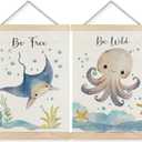 BearCake Ocean Nursery Decor, Stingray Octopus Under the Sea Wall Art Poster Hanger Frame, Inspirational Beach Nursery Canvas Prints Framed Wall Decor for Kids Room Playroom, 12x16 Inch Set of 2
