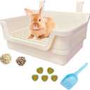 Extra Large Rabbit Litter Box with Splash Guard & Removable Tray - Double Layer Small Animal Cage Toilet for Guinea Pigs, Chinchillas, Ferrets - Chew-Proof Plastic + 2 Hooks (15.7" Jumbo, Beige) (BeigeWith the ball)