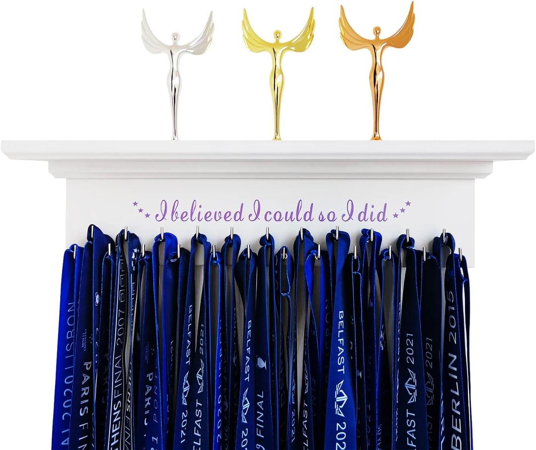 Premium Trophy Shelf and Medal Hanger Featuring Solid Wooden and Sturdy Ribbon Hooks. Wall Mount Medal Holder Display Gymnastics, Soccer, Running Race Medals Award.