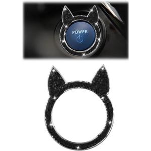 Bling Cat Head Car Engine Start Stop Decoration Ring, Sparkling Rhinestone Key Ignition & Knob Ring Sticker Decoration, Crystal Car Push Start Button Cover Accessories for Women (Black)