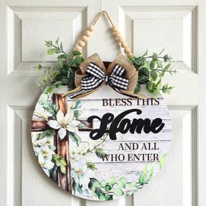 AceOrbit Welcome Sign for Front Door Bless This Home and All Who Enter Rustic Wood Wall Hanging Outdoor Decor Christian Fence Decorations Hanging Gift for Spring Summer All Seasons