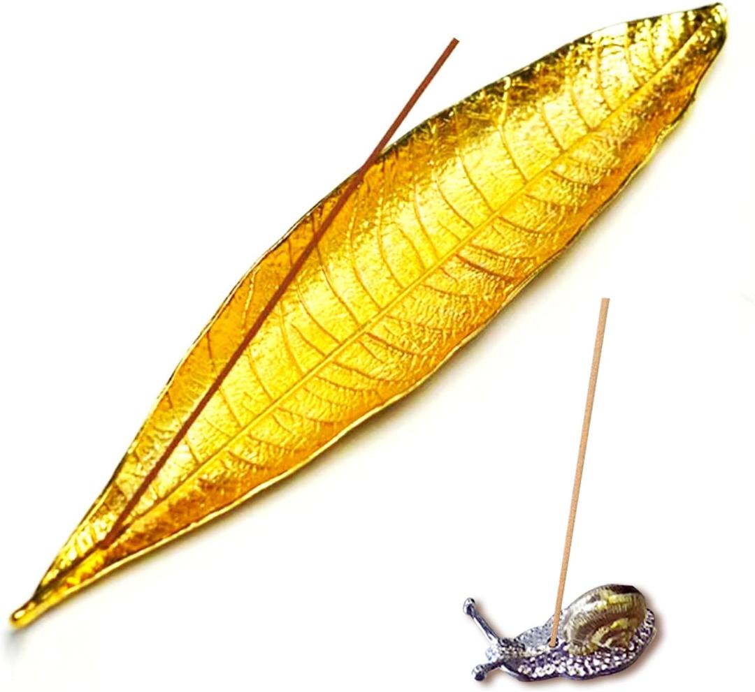 NIIIYTYB 2 Pcs Incense Holder for Sticks Include Leaf and Snail Incense Burner Ash Catcher Stick Holder for Meditation Yoga Home Office Modern Design Tray Decorative Functional (Gold)