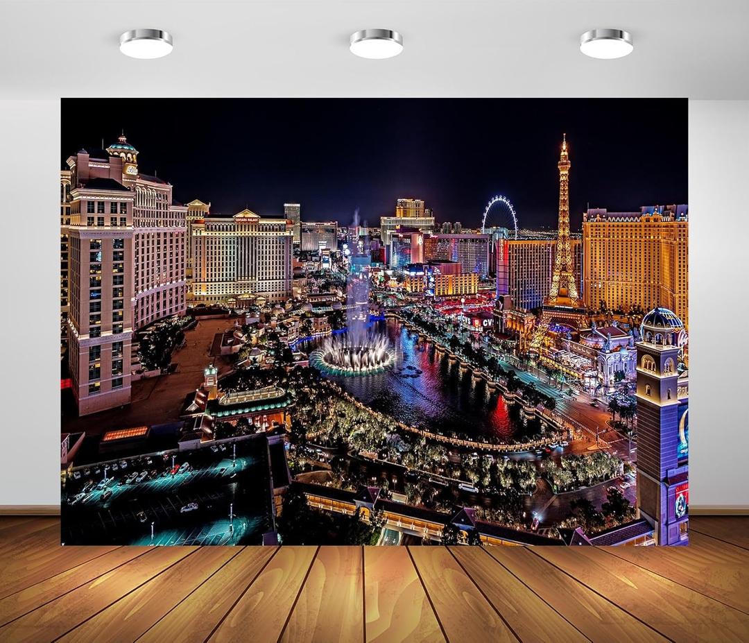 BELECO 8x6ft Fabric Las Vegas Backdrop Night in Las Vegas, Casino Theme Party Decorations, Las Vegas Skyline Skyscrapers Background Backdrop Photo Booth Studio Props (CHa18210)
