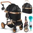 Evertail Pet Stroller 3-in-1 Foldable Dog Stroller for Small Dog or Cat up to 55 lbs, Detachable Carrier & Car Seat, Rubber Wheels, Anti-Shock Stabilizers, Water Bottle, Poop Bags
