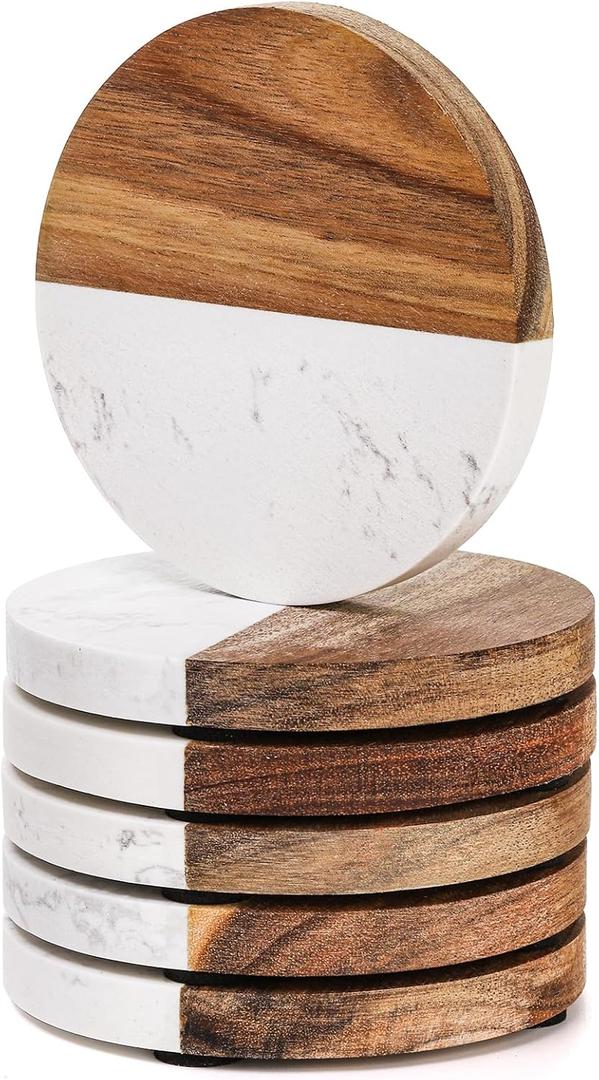 ZENFUN 6 Packs Marble Wood Coasters, Round Coaster, Handcrafted Artificial Marble Coasters Set for Your Drinks and Beverages, Tea, Coffee, /Bar Glasses, Tabletop Protection Helper