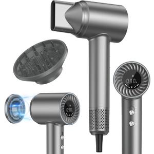 Hair Dryer, 150000 RPM Brushless Motor with 500M Negative Ions, Fast-Dry Lightweight Design, ThermoControl & Magnetic Nozzle/Diffuser, Low Noise Salon Blow Dryer for All Hair, Travel, Home (Gray)