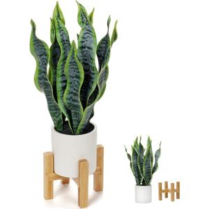 Hollyone Artificial Snake Plant Potted with Solid Wood Plant Stand, 19" Faux Sansevieria Tropical White Ceramic Pots Fake Plants for Home Office Indoor Decor Housewarming Gift