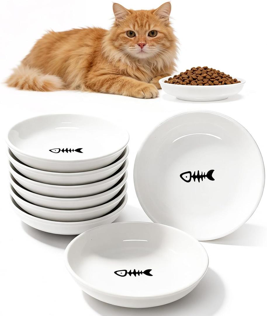 8 Pack Ceramic Cat Food Bowl, No Spill Cat Bowls Whisker-Friendly, Cute 5.9" Shallow Wide Kitten Plates, Easy to Clean Indoor Feeding Dishes (deep)