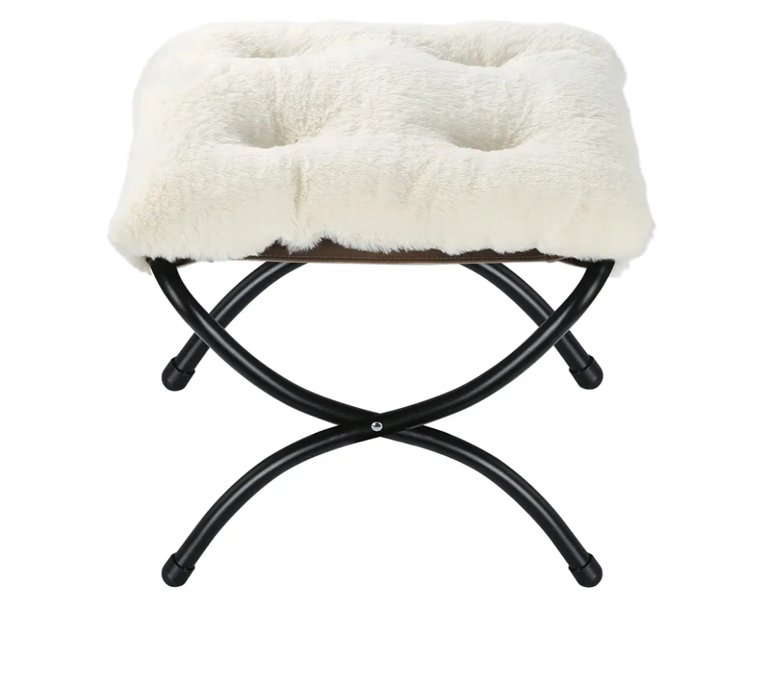 15" Foldable Foot Stool Ottoman with Metal Frame - Washable Faux Fur Grey Upholstered Indoor/Outdoor Footrest for Living Room, Bedroom, Patio - Space-Saving Compact Design