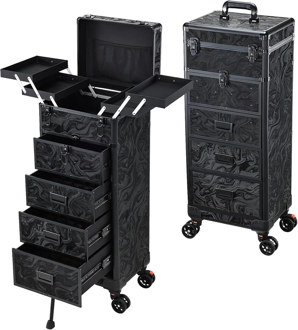 Stagiant Rolling Makeup Case with Drawers Cosmetology Case on Wheels 5 IN 1 Makeup Case 4 Drawers with Foot Stand Spring-release Mechanism Rolling Make Up Organizer for Artist Salon Nail Teach Trunk