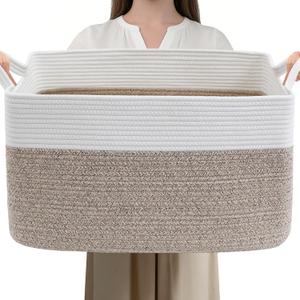 65L Large Blanket Basket,21"x16"x12" Rectangle Storage Bin with Handles,Woven Rope Laundry Basket for Toys, Clothes,Pillows,Magazines,Home Organization,Nursery,Living Room&Bedroom,White&Brown