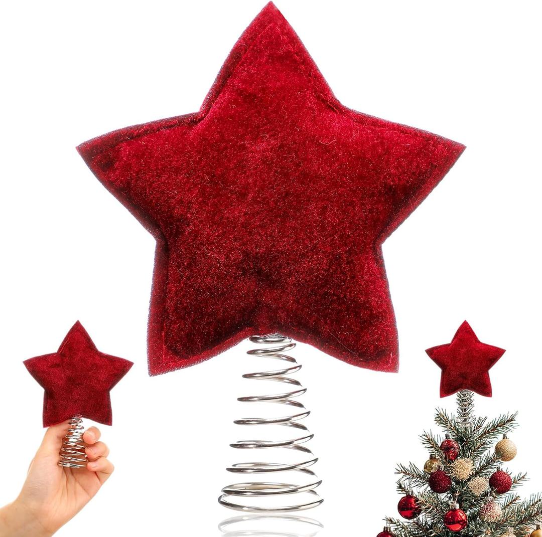 Gejoy Mini Velvet Burgundy Christmas Star Tree Topper Natural Rustic 6 Inch Miniature Star Tree Topper for Christmas Home Decor Winter Holiday