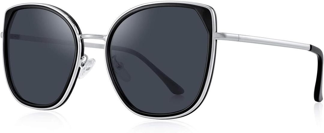 Cat Eye Polarized Sunglasses for Women Ladies Brand Trending Sun glasses UV400 (Black Frame/Black Lens/Silver Temples)