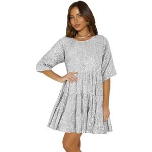 Plustrong Womens Sparkly Glitter Dress Summer Sequin Babydoll Dress Short Flowy Tunic Dresses Party Club Size Large, Silver 