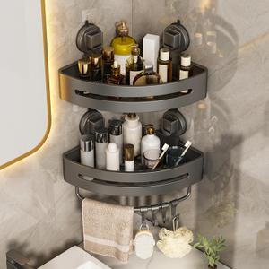 Upgraded Suction Cup Shower Caddy,Extremely Strong Suction Power,Removable Shower Corner Shelf Suction Cup,No Drilling Rust Proof Aluminum Corner Shower Caddy Suction Cup (2-Pack,Gray) (Grey)