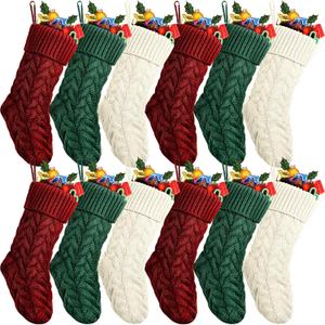 Vinsot 12 Pcs 12 Set Christmas Stockings Christmas Cable Knitted Stockings Decoration for Fireplace Xmas Family Holiday Party (Wine,Ivory,Green) (18 Inch)