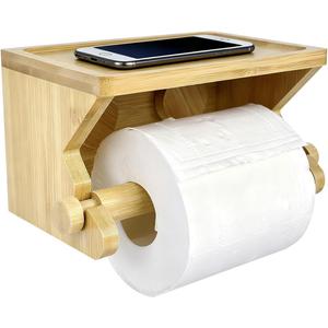 Paper Towel Holder Wall Mount with Phone Shelf by ODEDEN, Self-Adhesive Or Screw Bamboo Toilet Paper Holder for Bathroom, Kitchen RV Renter Friendly (Single)
