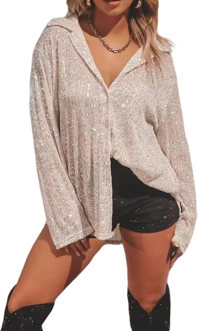 Women Sequin Glitter Tops Blouse Button Down Shirts Collared Long Sleeve Oversized Outfits Fashion Casual (Small, Beige)
