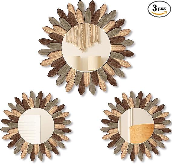 Gulfmew 3 Pcs Boho Wall Decor, Sunburst Round Mirrors, Tril Color, Easy to Hang: 2 pcs round mirrors are 11.8 inch/ 30 cm in diameter, 1 pc is 16.9inch/ 43 cm in diameter,