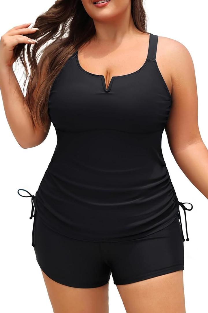 Women's Plus Size Tankini Swimsuit - Two Piece Bathing Suit with Shorts 2025 V-Wired Tummy Control Swimwear (Black)
