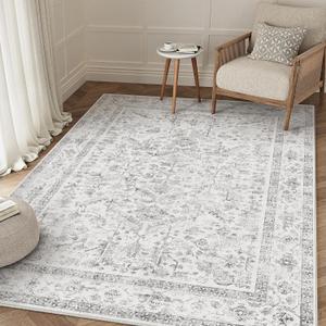 PureCozy Grey 4x5 Entryway Rug Vintage Area Carpet Indoor Kitchen Washable Neutral Door Mat Entrance Small Low Pile Traditional Distressed Gray Retro Accent Throw Rug Non Slip Office Bathroom