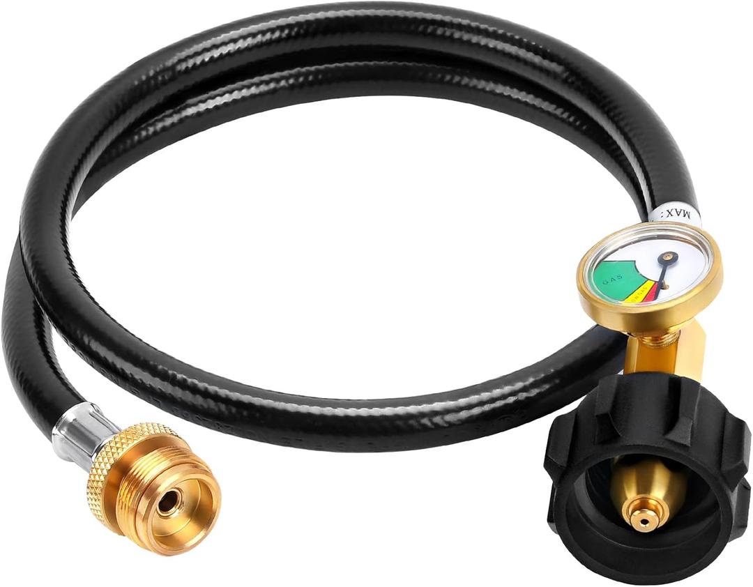 GasSaf 3FT Propane Hose, Propane Adapter Hose 1lb to 20lb Connection, Propane Tank Adapter and Gauge Fit for Weber Q Grills, Coleman Stoves, Blackstone Grills, Buddy Heaters & More