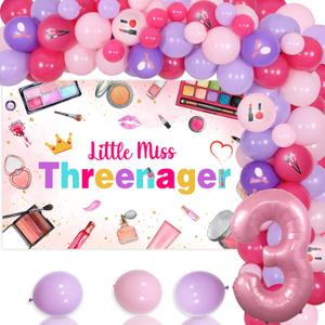 Little Miss Threenager Birthday Decorations, 3rd Birthday Decorations for Girls, Makeup Balloon Arch Kit with Kids Spa Party Balloons Backdrop, Number 3 Foil Balloon for 3 Year Old Girl