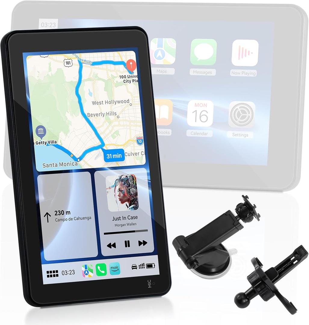 Carplay Screen for Car, 7 Inch Portable Touch Screen Car Stereo with Wireless Carplay & Android Auto, Landscape & Portrait Screen, GPS Navigation, Bluetooth, Airplay/Mirror Link, Voice Control, AUX
