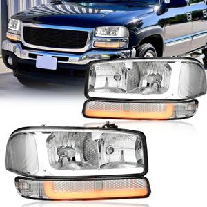 LED DRL Headlights Assembly Compatible with 1999-2007 GMC Sierra 1500 1999-2006 Yukon 2000-2006 Yukon XL 1500 2500 No Denali Replacements Clear Reflector Chrome Housing