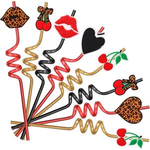 Domensi 24 Pcs Cheetah Cherry Party Straw Bulk Plastic Reusable Leopard Cherry Print Drinking Straw Party Favors for Women Summer Pool Birthday Bridal Shower Bachelorette Game Night Cocktail Supplies, 10.6 in / 27 cm long
