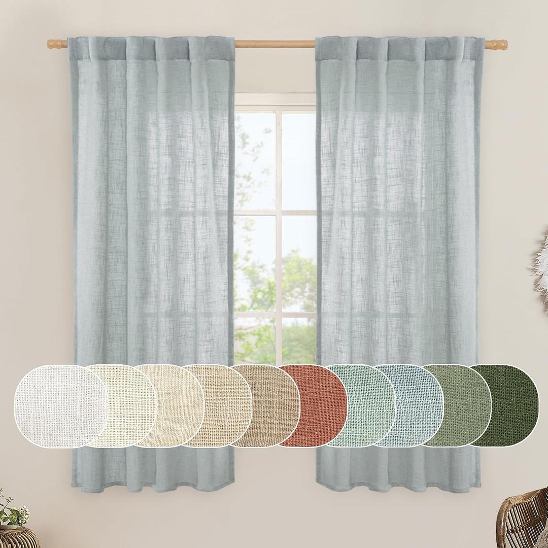 LAMIT Linen Curtains 60 Inch Length 2 Panels, Light Filtering Panels Back Tab and Rod Pocket Neutral Drapes for Bedroom/Window/Living Room, Greyish Blue, 34 x 60 Inch