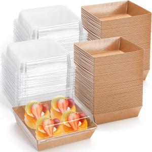 Hiceeden 100 Pack Charcuterie Boxes with Clear Lids, 5.4"5"2.5" Paper Bakery Dessert Sandwich Box, Disposable Square Food Containers for Cookies, Donuts, Muffins, Salad, and Pastry, Brown