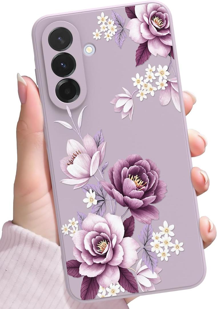 for Samsung Galaxy A56 5G Case,Cute Floral Design for Women Girls,Soft Slim Drop Protection Flowers Liquid Silicone Phone Cover with Shockproof Anti-Scratch Microfiber Lining,Purple Flower