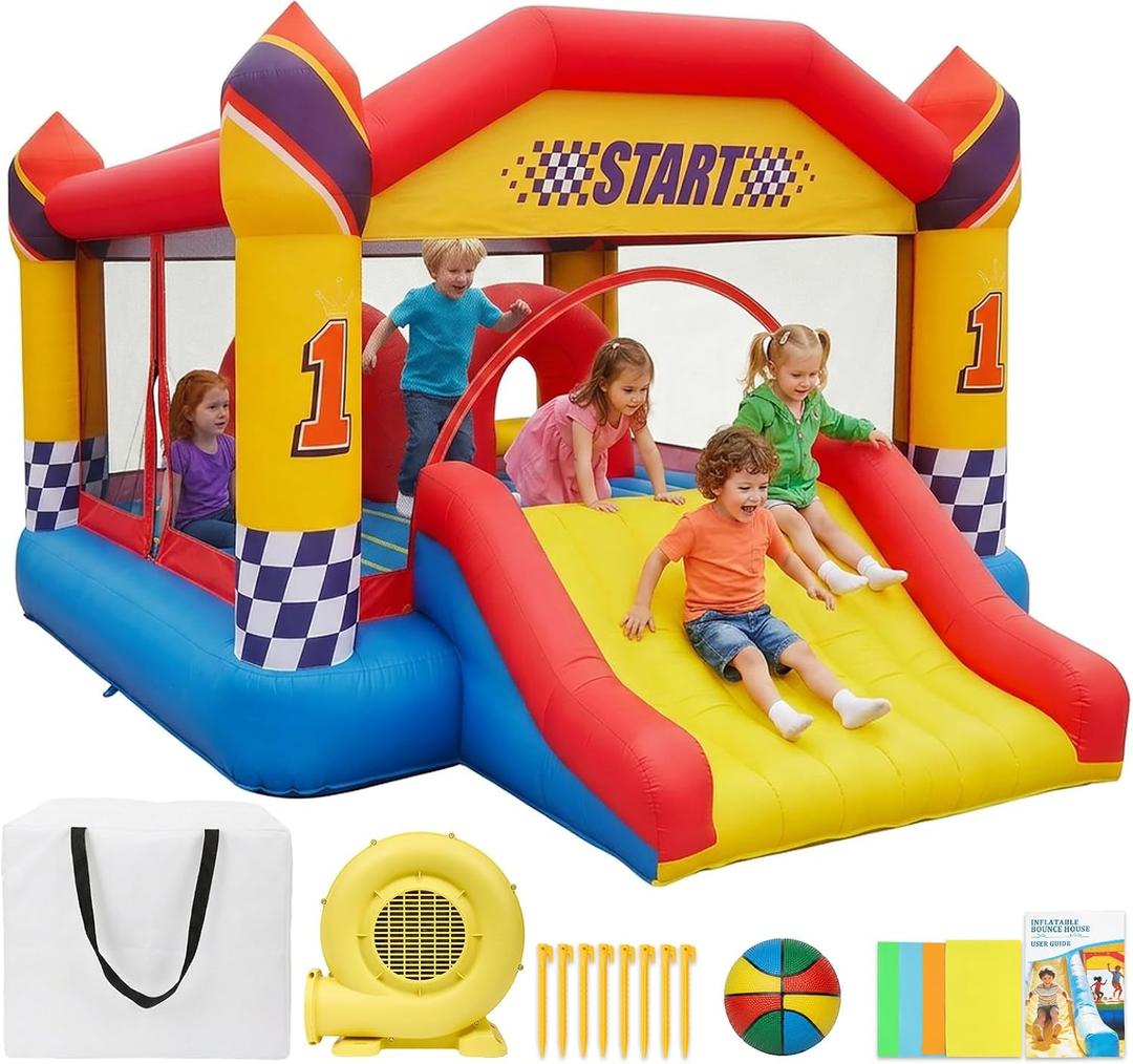 Inflatable Bounce House, Large Racing Theme Bouncy Castle with Slide for Kids 3-12, Fun Central Obstacle with Jumping Area, Basketball Hoop, Outdoor Backyard Party Jump House 15FT*12.5FT*7.3FT