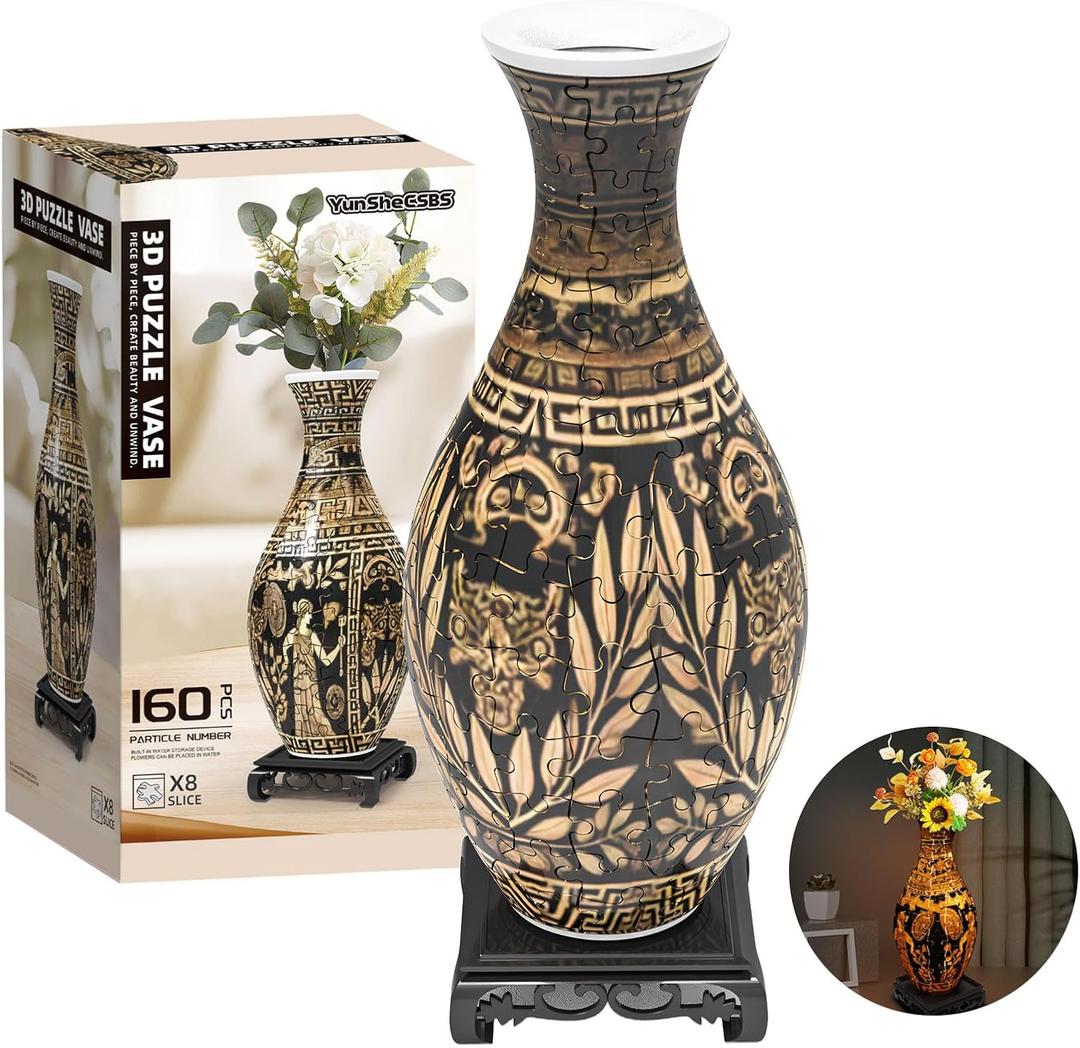 3D Puzzles Vase for Adults, 160 Pieces Plastic DIY Unique Flower Vase with LED Light, Crafts for Adults, Birthday Gifts, House Warming Gift for Flower Arrangements and Home Decor (Brown)